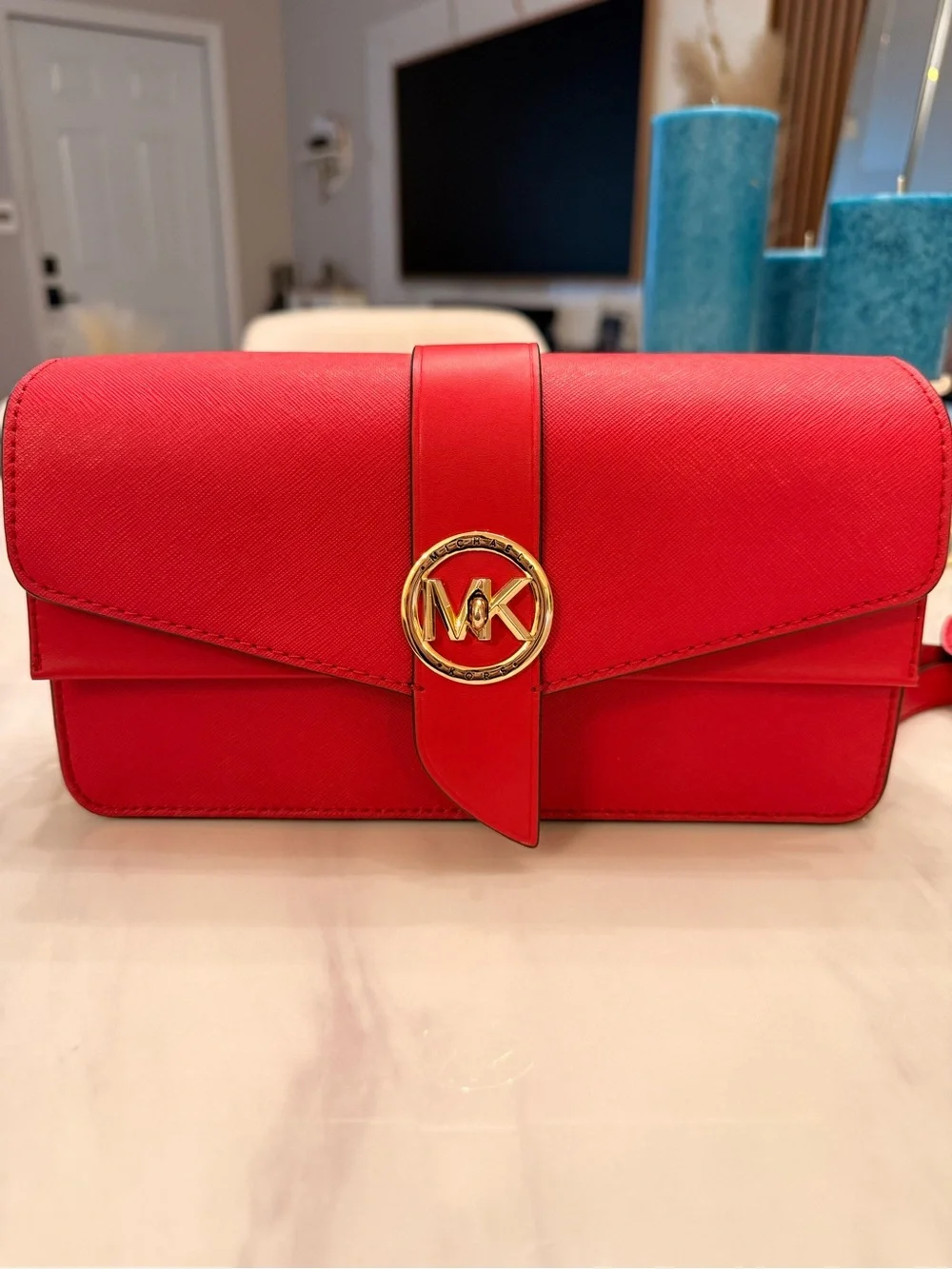 Michael Kors Red Saffiano Leather Crossbody with Gold MK Emblem